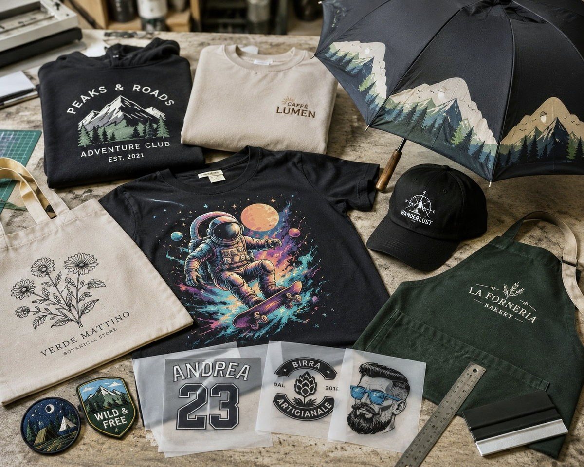 Capi personalizzati E-MIKE Studio: felpa, t-shirt, cappellino, grembiule, borsa in cotone, ombrello e transfer pronti per l'applicazione.