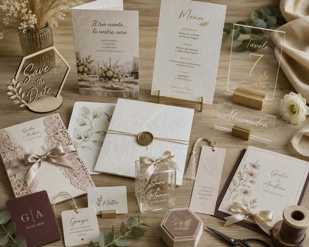 Coordinato per cerimonia: partecipazioni con ceralacca, menu, segnaposti, targhe Save the Date e numeri tavolo in plexiglass, bomboniere e segnalibri personalizzati.