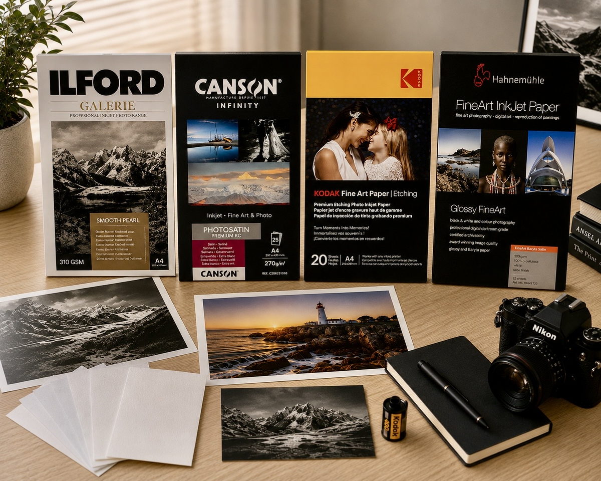 Carte fotografiche e Fine Art Hahnemühle, Canson, Ilford e Kodak con alcune stampe finite: un paesaggio in bianco e nero, un faro al tramonto e una montagna.