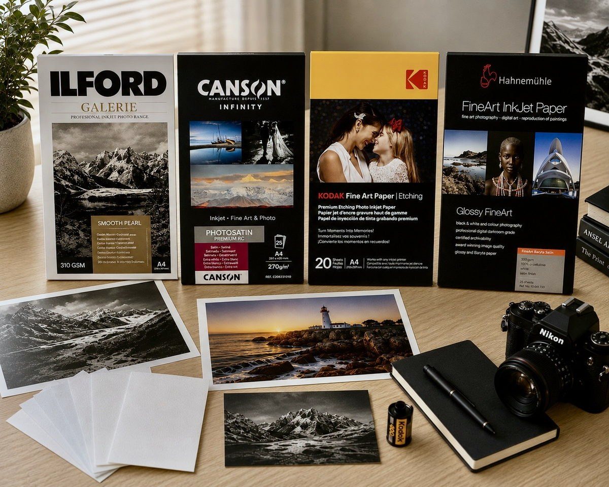 Carte fotografiche e Fine Art Hahnemühle, Canson, Ilford e Kodak con alcune stampe finite: un paesaggio in bianco e nero, un faro al tramonto e una montagna.