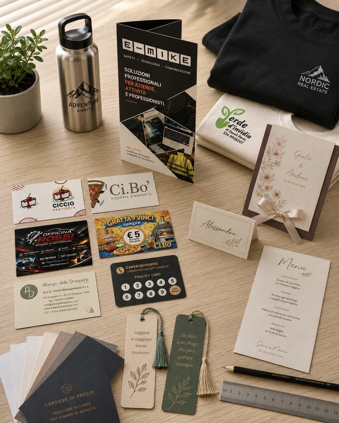 Lavori E-MIKE Studio su un piano in legno: felpa e t-shirt personalizzate, partecipazione di nozze con segnaposto e menu, biglietti da visita, depliant e segnalibri stampati, borraccia incisa al laser.