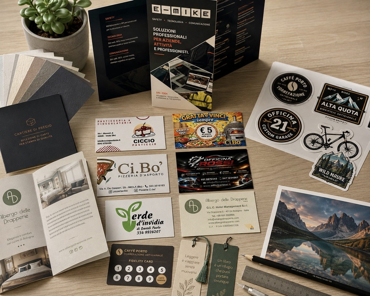 Materiali stampati: biglietti da visita, depliant pieghevoli, adesivi in vinile sagomati, fidelity card, segnalibri, campionario di carte e una stampa fotografica Fine Art.