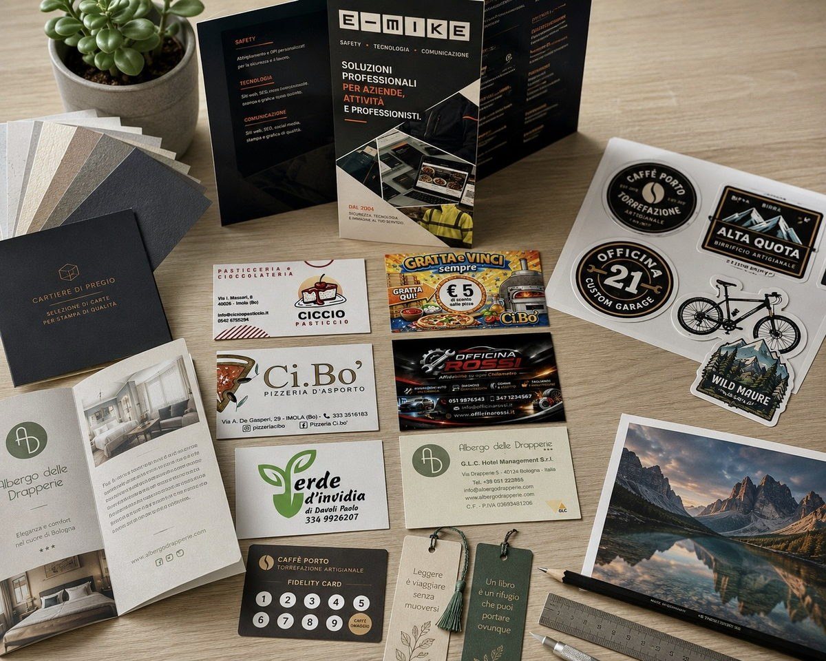 Materiali stampati: biglietti da visita, depliant pieghevoli, adesivi in vinile sagomati, fidelity card, segnalibri, campionario di carte e una stampa fotografica Fine Art.